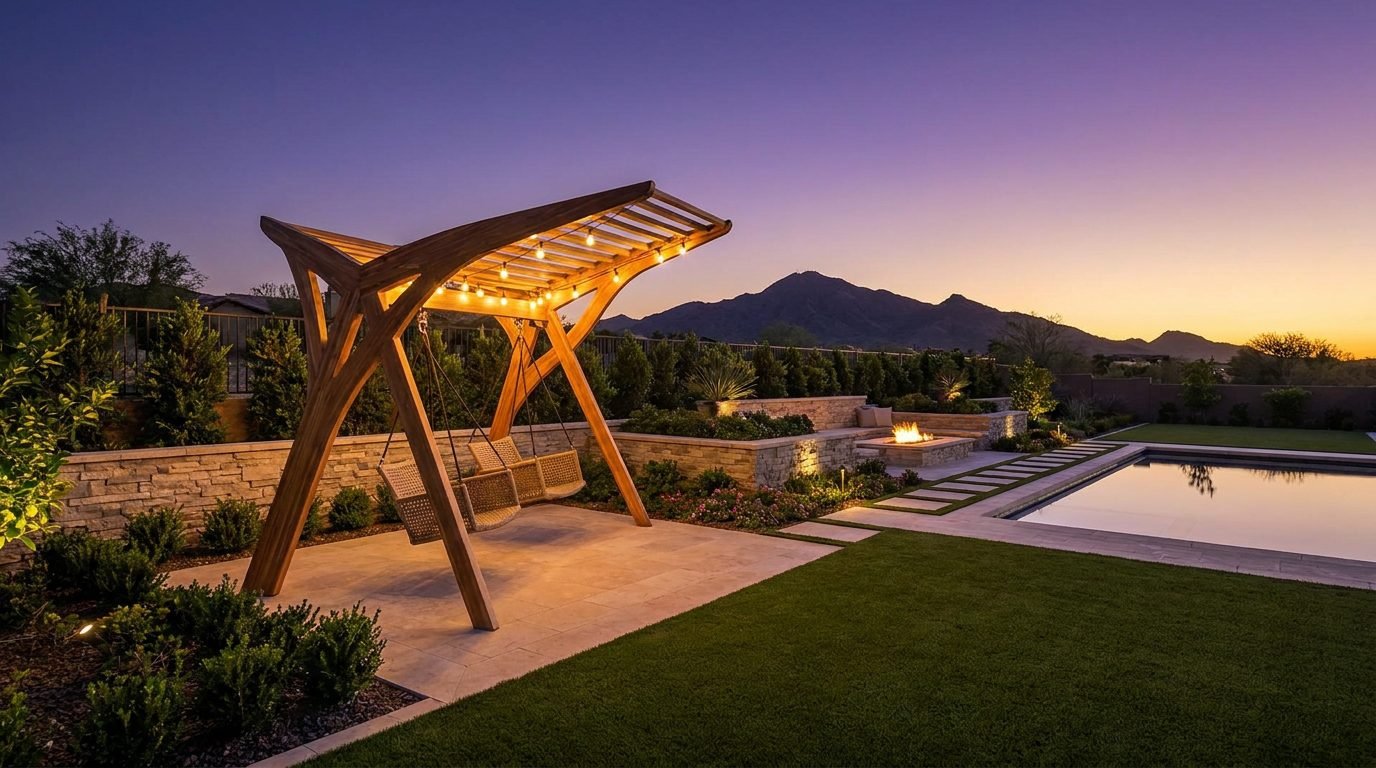 Modern backyard at dusk featuring a designer wooden swing set as the architectural centerpiece near a pool and fire pit