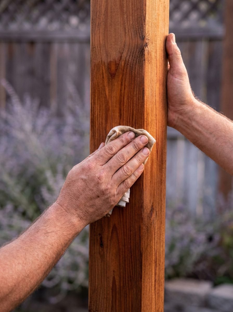 Hands applying natural wood oil finish to a cedar swing set post as part of seasonal maintenance