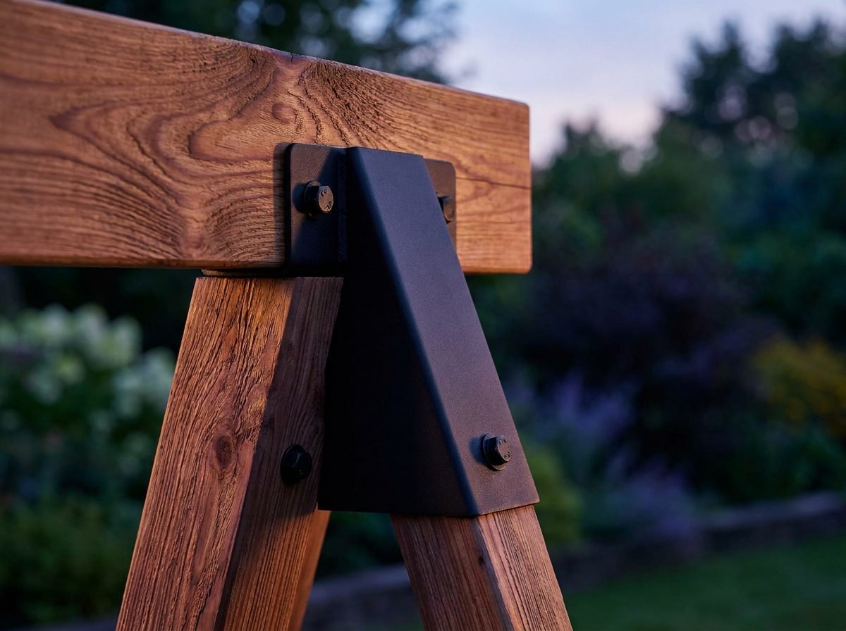 Close-up of cedar wood grain and powder-coated steel bracket joint on a DANANOA swing set